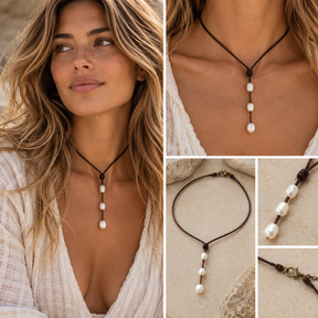 Freshwater Pearl Y-Drop Leather Choker Necklace