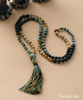 108 Natural Semi-Precious Jasper & Lava Stone Beads Mala Necklace