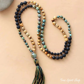 108 Natural Semi-Precious Jasper & Lava Stone Beads Mala Necklace