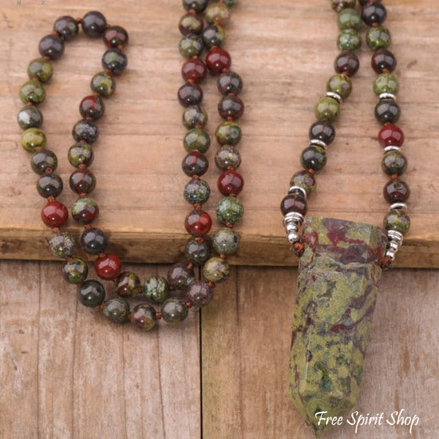 108 Natural Dragon Blood Jasper Mala Bead Necklace With Wandpoint Pendant Jewelry > Gemstone