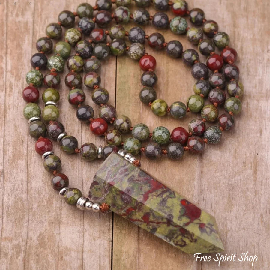 108 Natural Dragon Blood Jasper Mala Bead Necklace With Wandpoint Pendant Jewelry > Gemstone