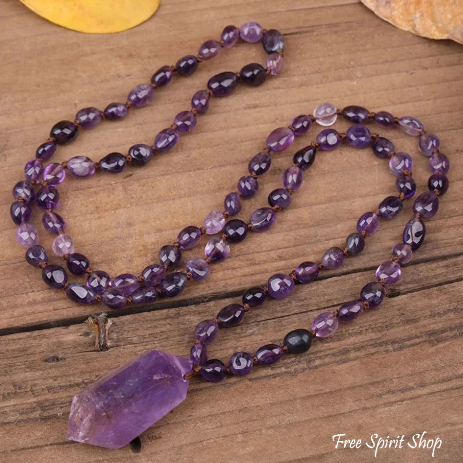 Natural Amethyst Wand-Point Beaded Necklace