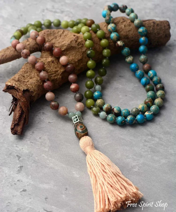 108 Natural Pink Aventurine Blue Jasper & Green Opal Mala Bead Necklace