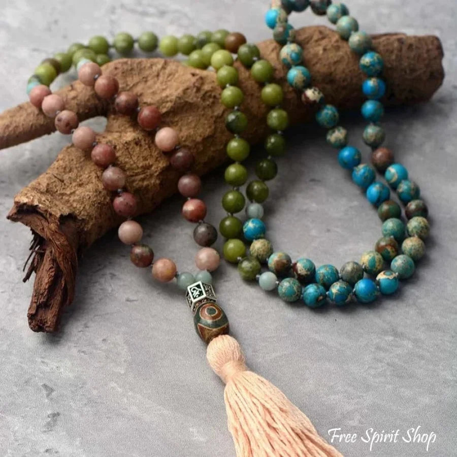 108 Natural Pink Aventurine Blue Jasper & Green Opal Mala Bead Necklace