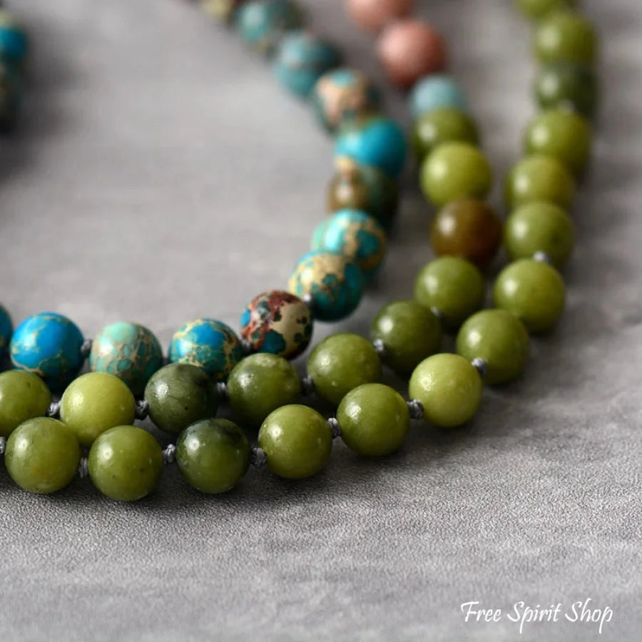 108 Natural Pink Aventurine Blue Jasper & Green Opal Mala Bead Necklace