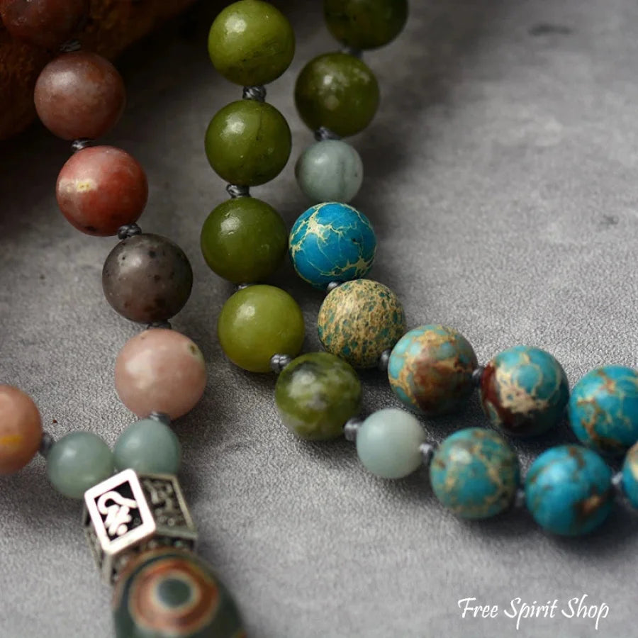 108 Natural Pink Aventurine Blue Jasper & Green Opal Mala Bead Necklace