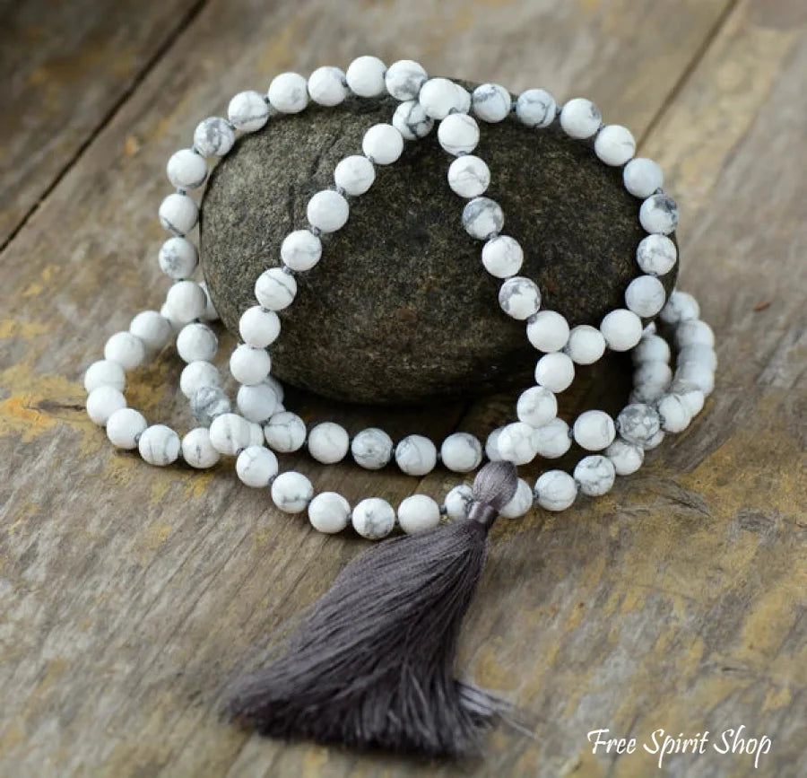 108 Mala Beads Japa Mala, 8mm White Howlite Tibetan Prayer Beads