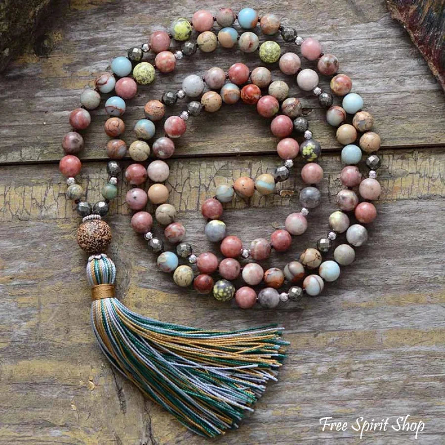 Natural Handmade Jasper Agate & Pyrite Bead Necklace With Tassel