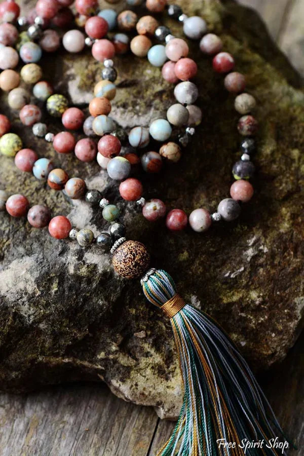 Natural Handmade Jasper Agate & Pyrite Bead Necklace With Tassel