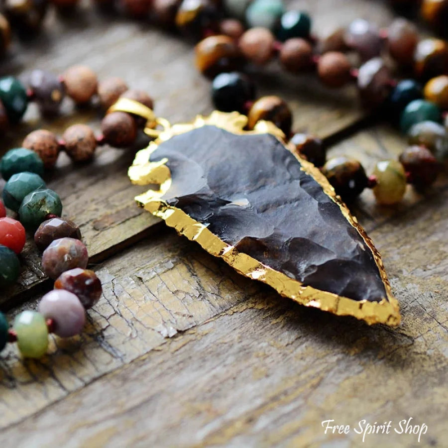 Handmade Natural Tiger Eye & Onyx Stone Necklace With Arrowhead Pendant