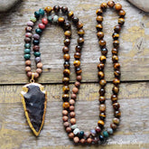 Handmade Natural Tiger Eye & Onyx Stone Necklace With Arrowhead Pendant