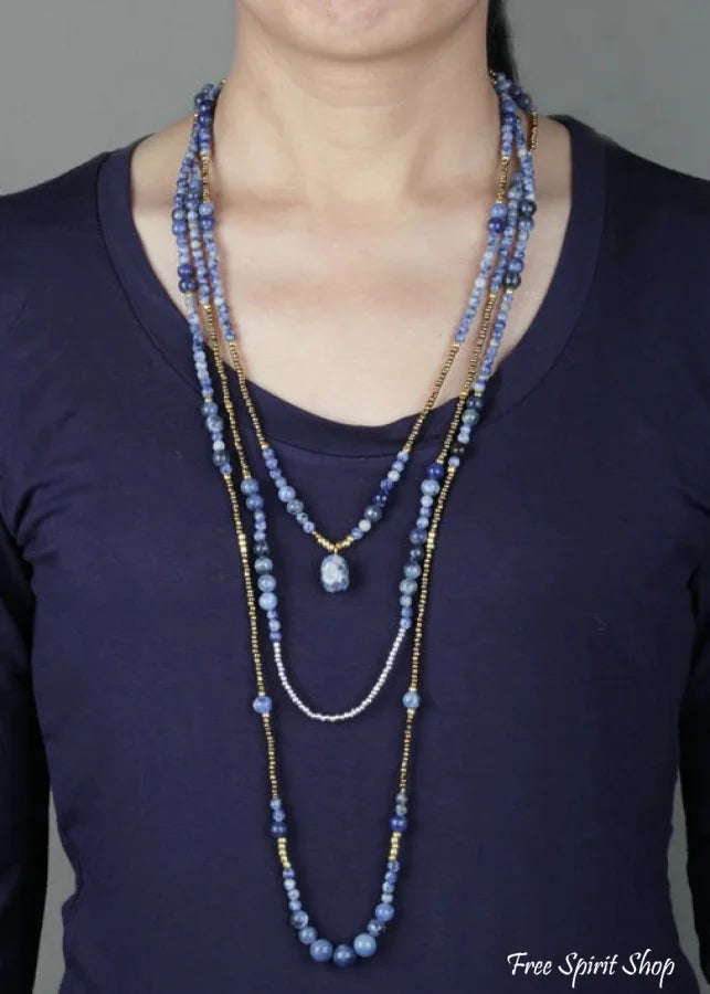 Natural Blue Sodalite & Seed Bead Multi-Layer Necklace