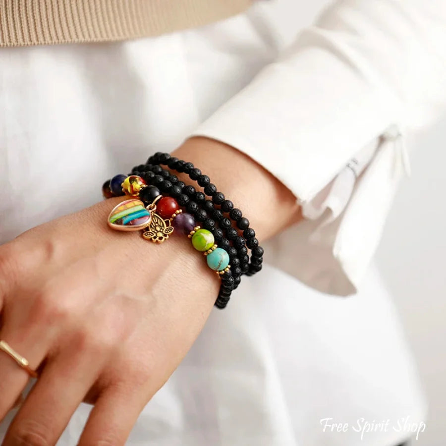 Natural Black Lava Stone & Chakra Heart Bead Bracelet