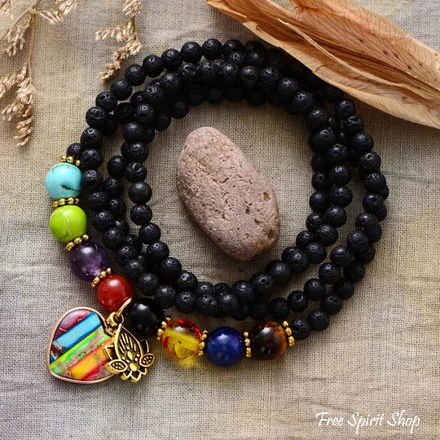 Natural Black Lava Stone & Chakra Heart Bead Bracelet