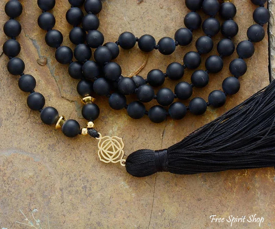 108 Natural Black Onyx & 7 Chakra Mala Bead Necklace