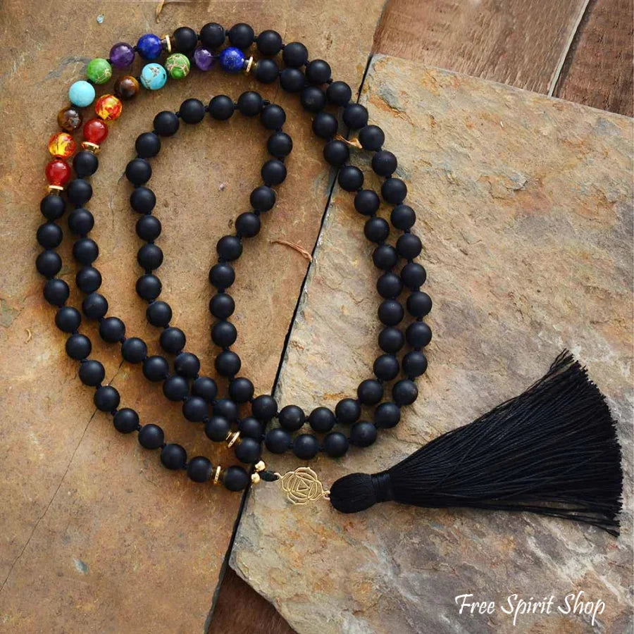 108 Natural Black Onyx & 7 Chakra Mala Bead Necklace