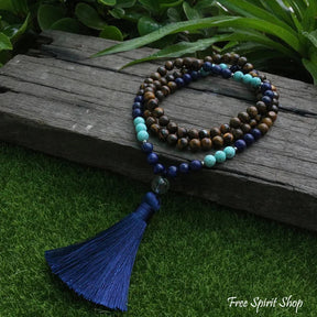 108 Natural Tiger Eye & Lapis Lazuli Mala Beads Necklace
