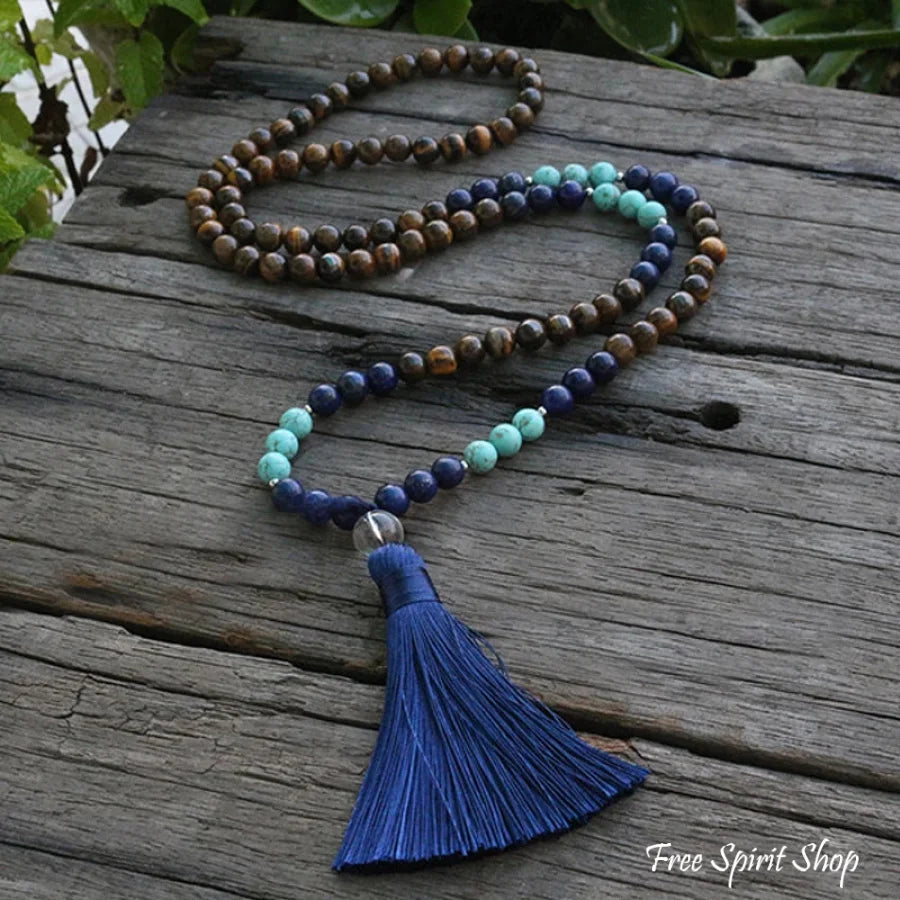 108 Natural Tiger Eye & Lapis Lazuli Mala Beads Necklace