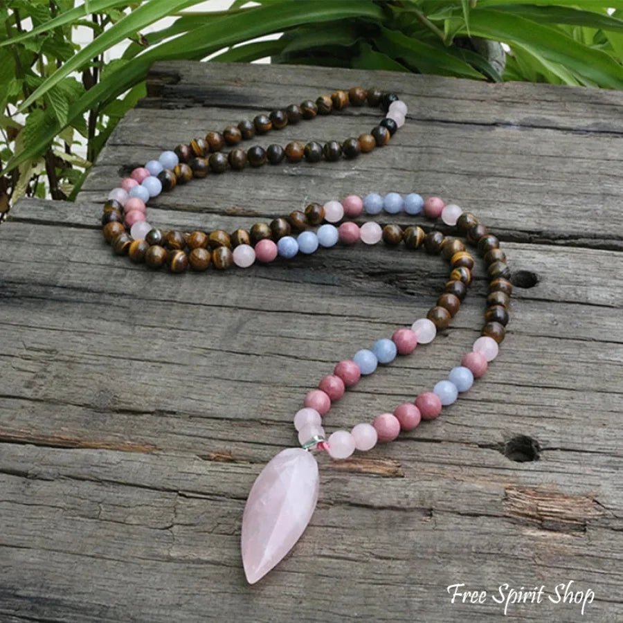 108 Natural Tiger Eye Rose Quartz Rhodonite Mala Bead Necklace