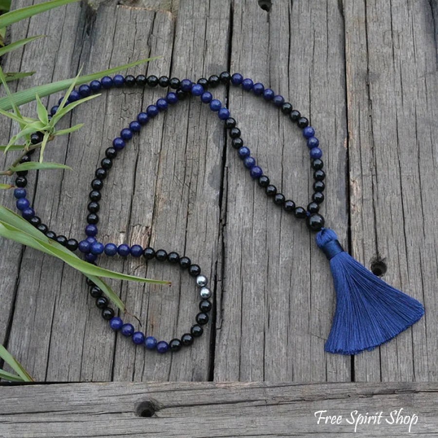 108 Natural Lapis Lazuli & Black Onyx Mala Bead Necklace