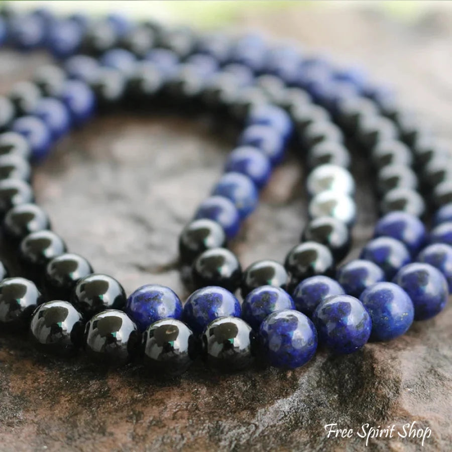 108 Natural Lapis Lazuli & Black Onyx Mala Bead Necklace