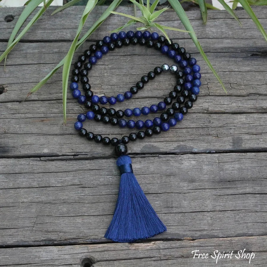 108 Natural Lapis Lazuli & Black Onyx Mala Bead Necklace