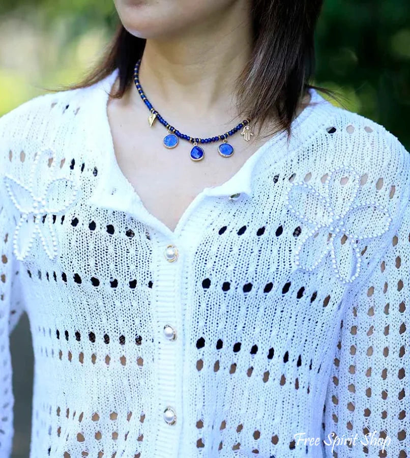 Handmade Blue Lapis & Gold Bead Choker Necklace