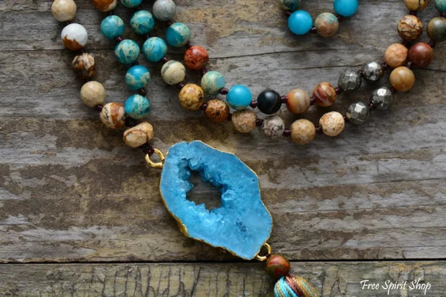 Handmade Natural Jasper & Pyrite Stone Druzy Necklace