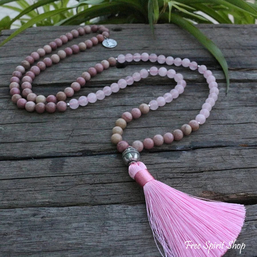 108 Rhodonite & Rose Quartz Mala Beads Necklace