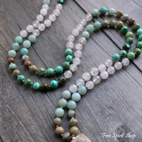 108 Natural Amazonite Turquoise & Clear Quartz Mala Bead Necklace