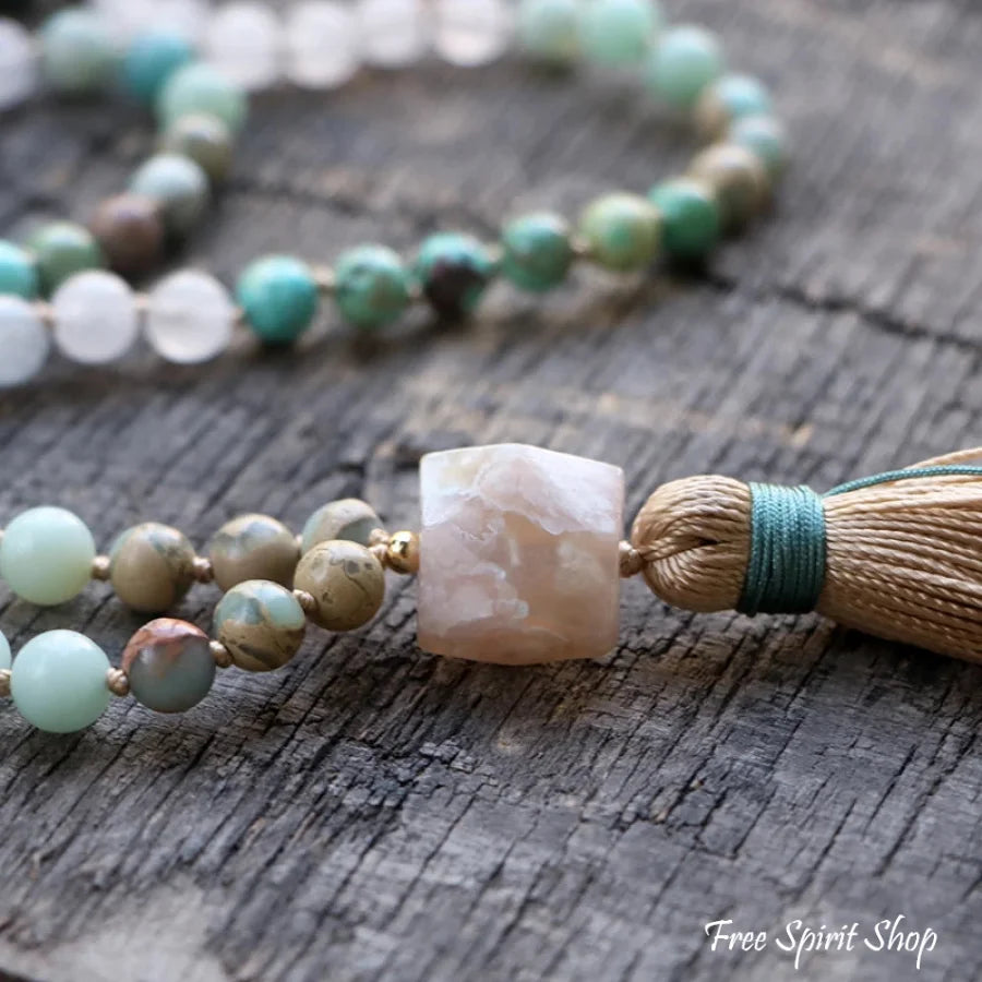 108 Natural Amazonite Turquoise & Clear Quartz Mala Bead Necklace