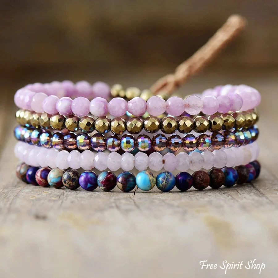 Rose Quartz Pyrite & Purple Jasper 5 Layer Bead Bracelets