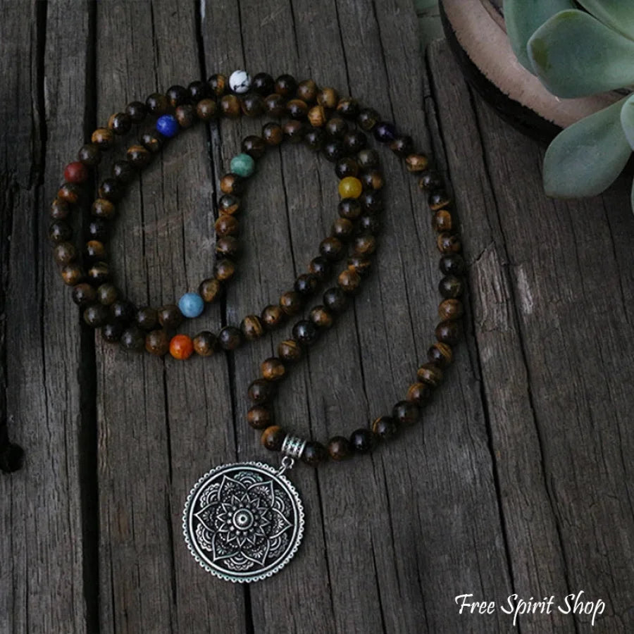 108 Natural Tiger Eye & 7 Chakra Gemstone Mala Bead Necklace