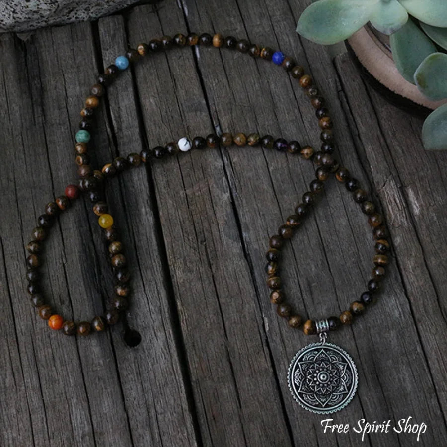 108 Natural Tiger Eye & 7 Chakra Gemstone Mala Bead Necklace