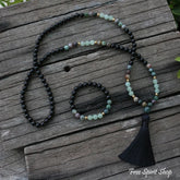108 Natural Black Onyx, Indian Agate & Green Aventurine Gemstone Bead Mala Necklace