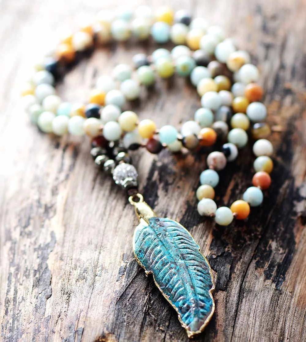 Natural Amazonite Stone & Feather Pendant Necklace