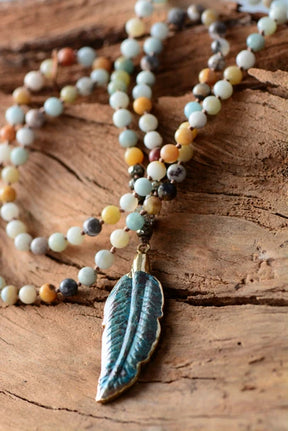Natural Amazonite Stone & Feather Pendant Necklace