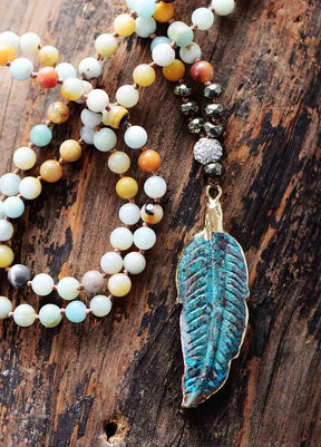 Natural Amazonite Stone & Feather Pendant Necklace