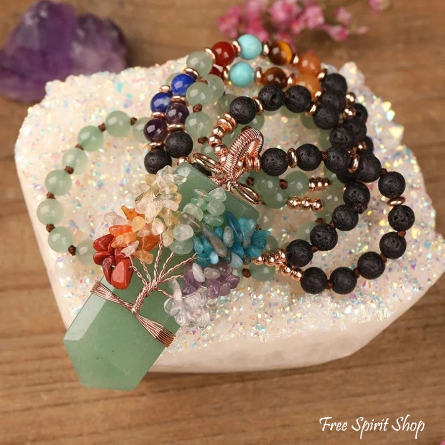 Natural 7 Chakra Tree of Life & Lava Stone Bead Necklace