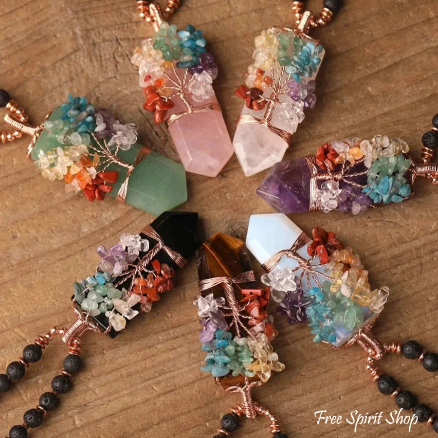 Natural 7 Chakra Tree of Life & Lava Stone Bead Necklace