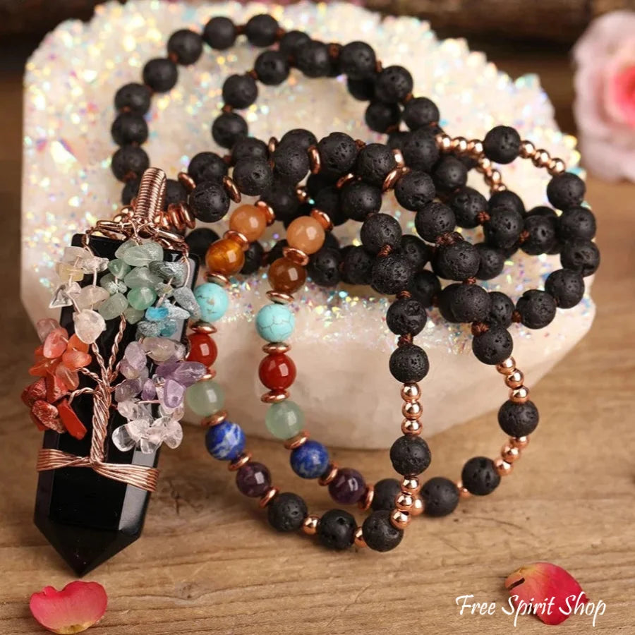 Natural 7 Chakra Tree of Life & Lava Stone Bead Necklace