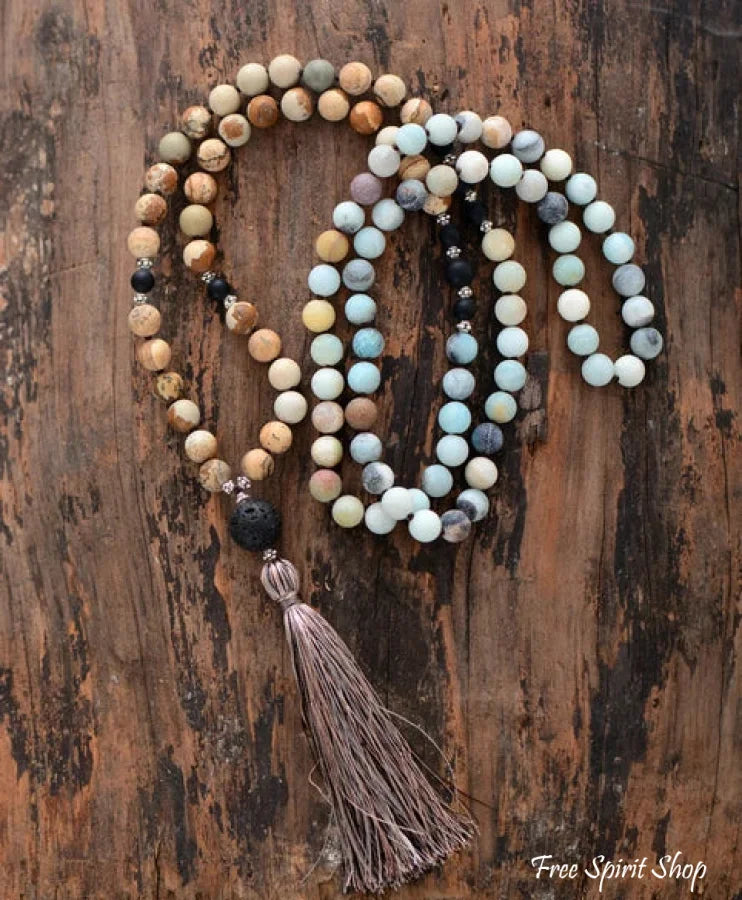 Natural 108 Amazonite Jasper & Lava Stone Bead Mala