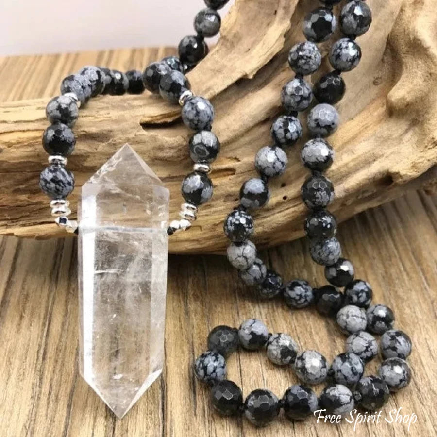 Natural Snowflake Obsidian & Clear Quartz Pendant Necklace