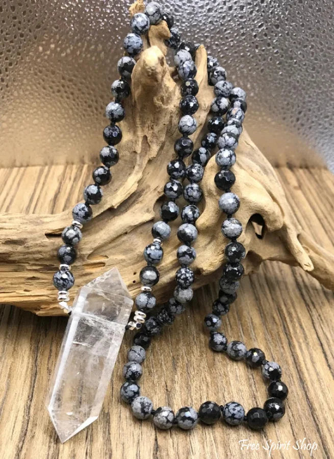 Natural Snowflake Obsidian & Clear Quartz Pendant Necklace