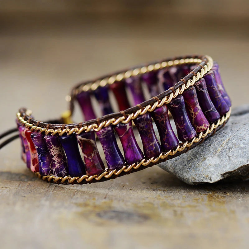Handmade Purple Jasper & Gold Chain Bead Bracelet