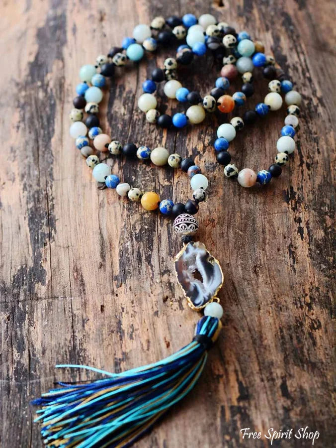 Natural Agate Druzy & Mixed Gemstones Tassel Necklace