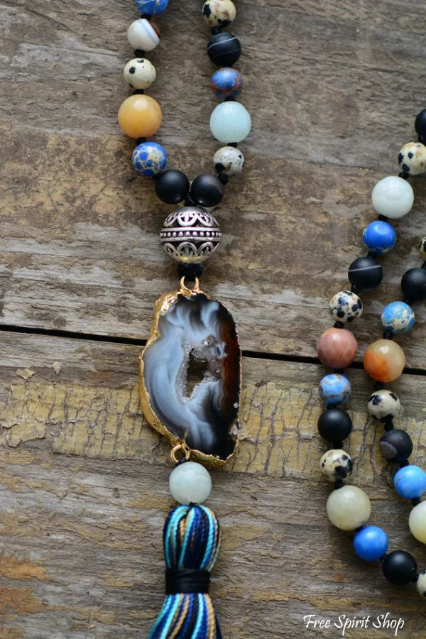 Natural Agate Druzy & Mixed Gemstones Tassel Necklace