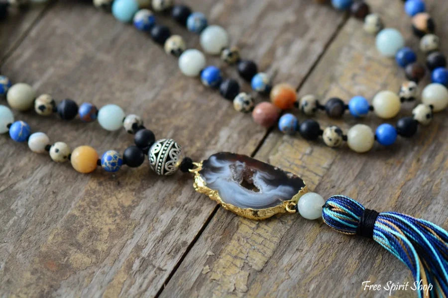 Natural Agate Druzy & Mixed Gemstones Tassel Necklace