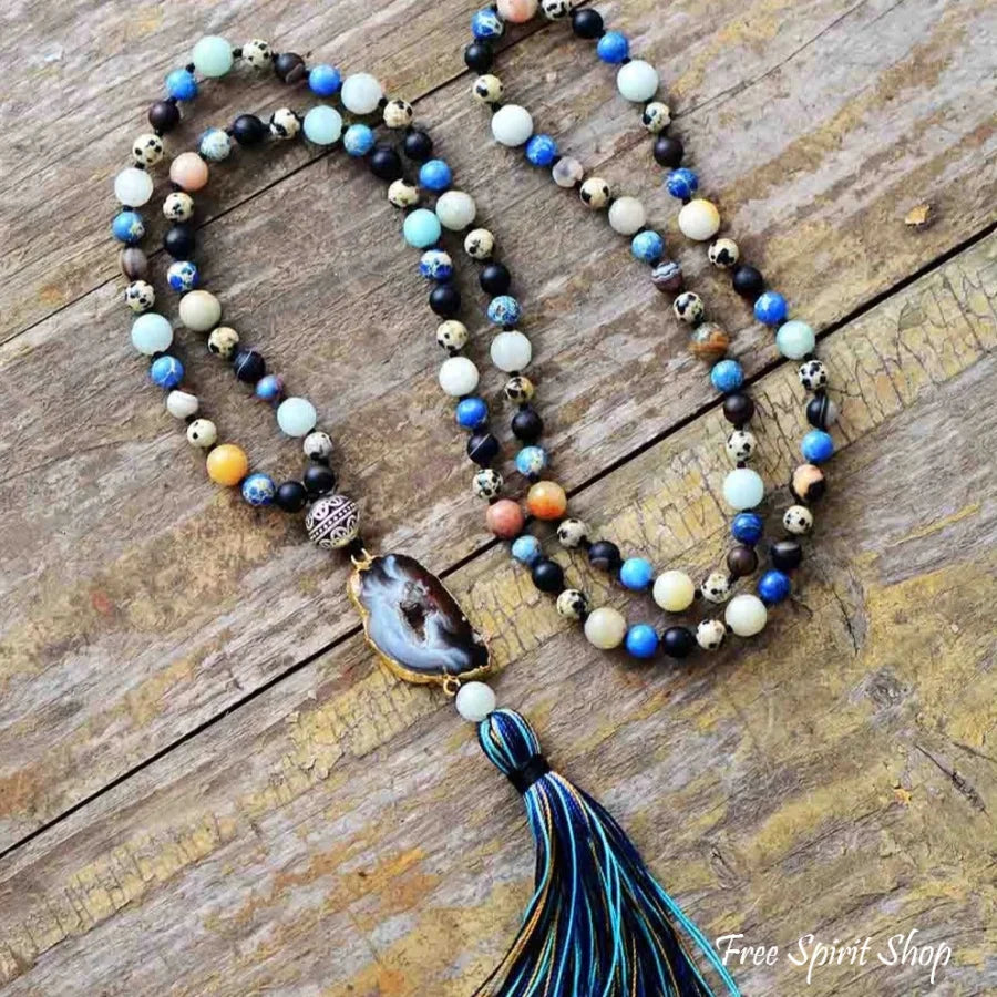 Natural Agate Druzy & Mixed Gemstones Tassel Necklace