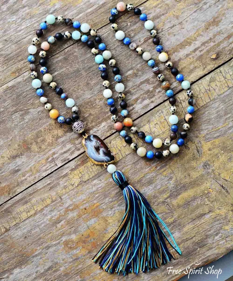 Natural Agate Druzy & Mixed Gemstones Tassel Necklace